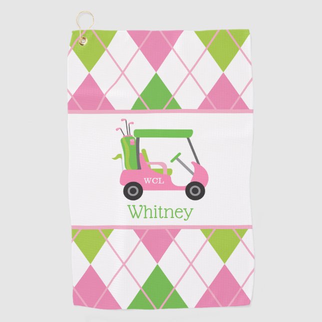 Pink & Green Golf Cart Monogram Golf Towel (Front)