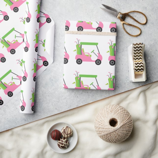 Pink & Green Golf Cart Wrapping Paper (Crafts)