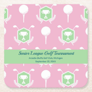 Pink & Green - Golf League Party Plate Square Paper Coaster