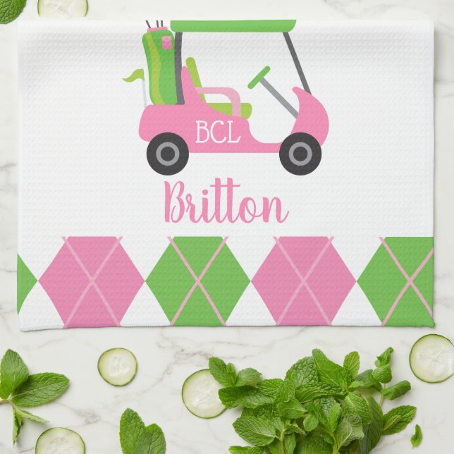 Pink & Green Golf Monogram Kitchen Towel (Folded)