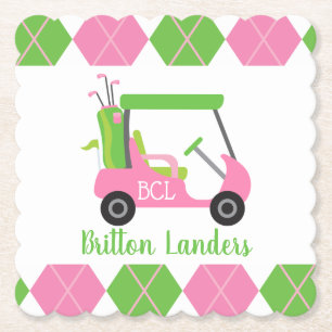 Pink & Green Golf Monogrammed Paper Coasters
