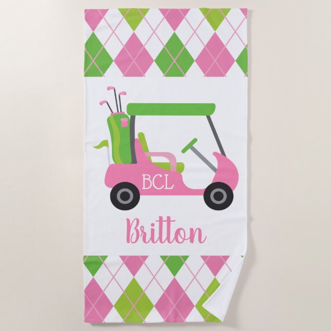 Pink & Green Golf Personalised Beach Towel (Front)
