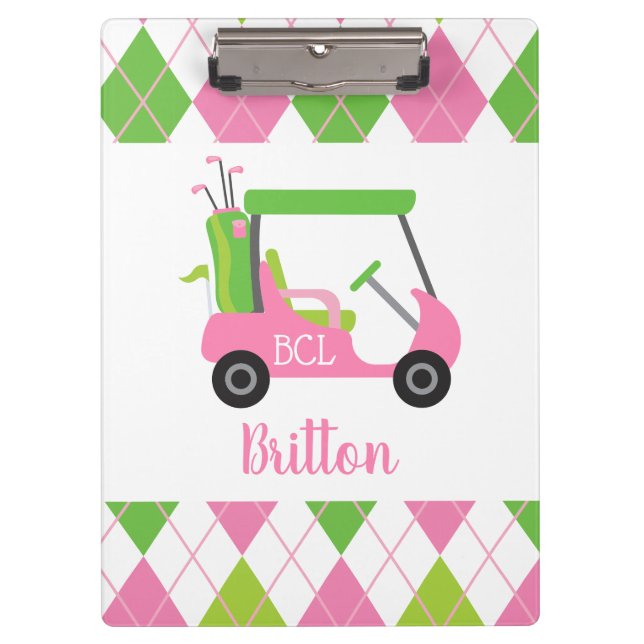 Pink & Green Golf Personalised Monogram Clipboard (Front)