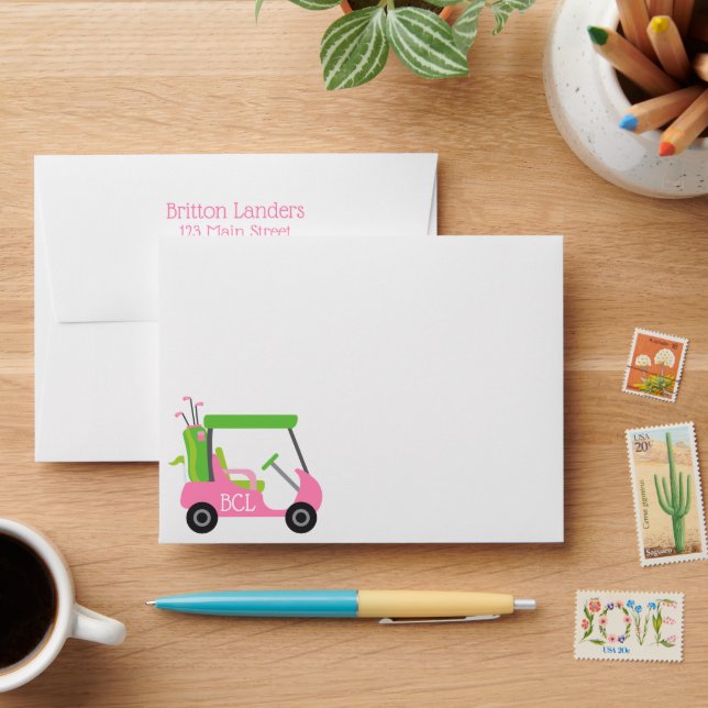 Pink & Green Golf Personalised Stationery Envelope (Desk)