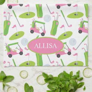 Pink & Green Golf Personalised Tea Towel