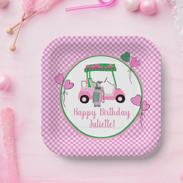 Pink & Green Golf Theme Personalised Party  Paper Plate (Creator Uploaded)