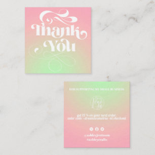 Pink green gradient retro script order thank you square business card