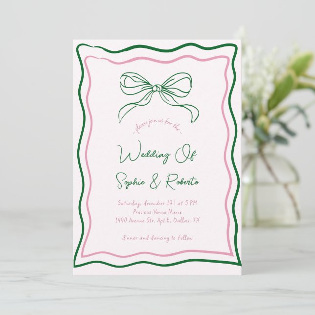 Pink & Green Hand Drawn Retro Bow French Wedding Invitation (Standing Front)