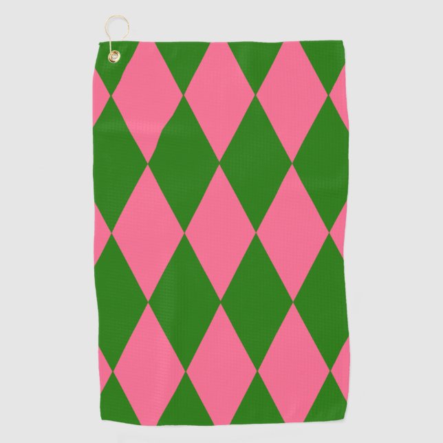 Pink Green Harlequin Checkered Design  Golf Towel (Front)