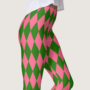 Pink Green Harlequin Checkered Design Leggings