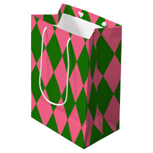Pink Green Harlequin Checkered Design Medium Gift Bag