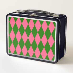 Pink Green Harlequin Checkered Design  Metal Lunch Box