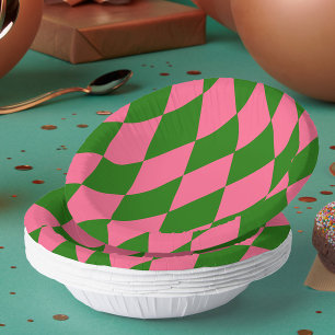Pink Green Harlequin Checkered Design Paper Plate