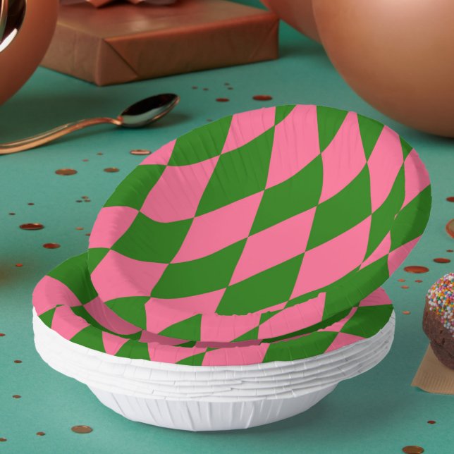 Pink Green Harlequin Checkered Design  Paper Plate (Creator Uploaded)