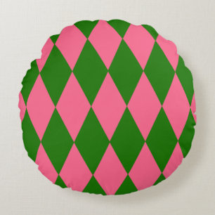 Pink Green Harlequin Checkered Design Round Cushion