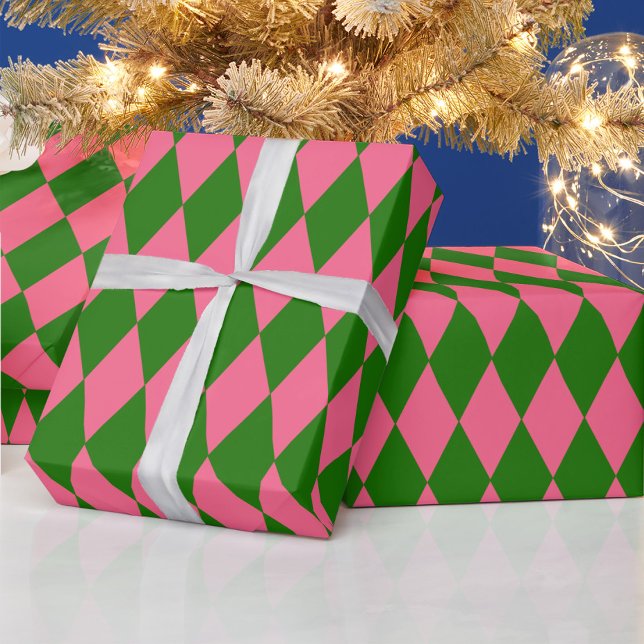 Pink Green Harlequin Checkered Design  Wrapping Paper (Creator Uploaded)