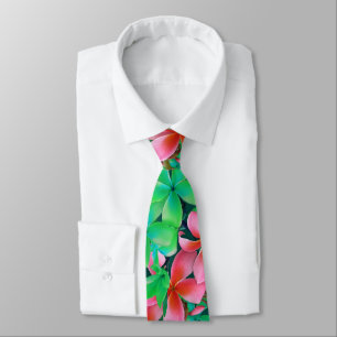 Pink Green Hawaiian Plumeria Big Flowers Tie