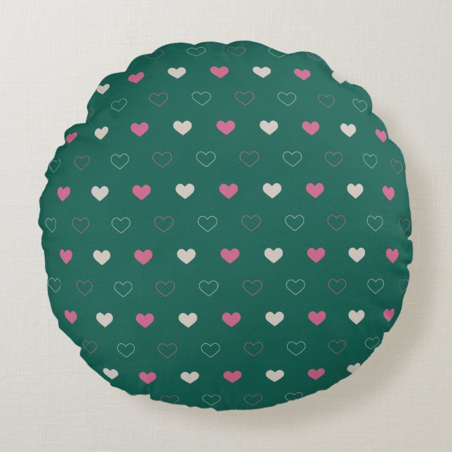 Pink & Green Heart Seamless Pattern Cute Minimal Round Cushion (Front)