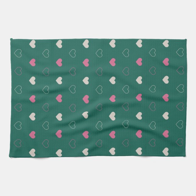 Pink & Green Heart Seamless Pattern Cute Minimal Tea Towel (Horizontal)