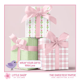 Pink Green Hearts Floral Plaid Valentines Day Wrapping Paper Sheet