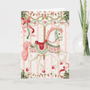 Pink Green Horse Carousel Christmas Card
