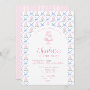 Pink Green Hydrangea Blue Bow Trellis Invitation