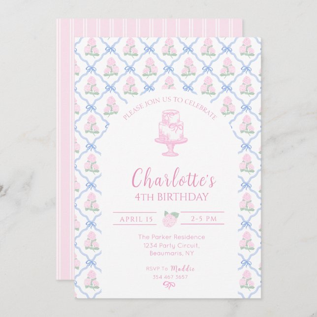 Pink Green Hydrangea Blue Bow Trellis Invitation (Front/Back)