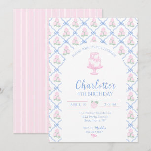 Pink Green Hydrangea Blue Bow Trellis Invitation