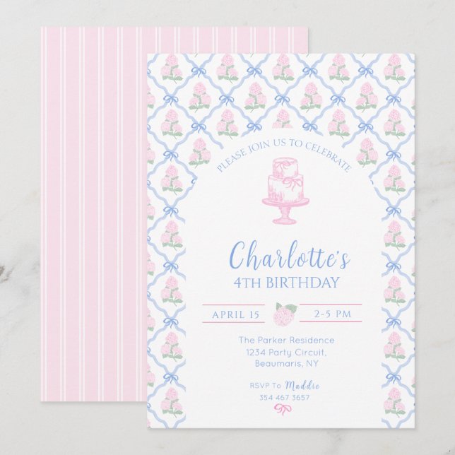 Pink Green Hydrangea Blue Bow Trellis Invitation (Front/Back)