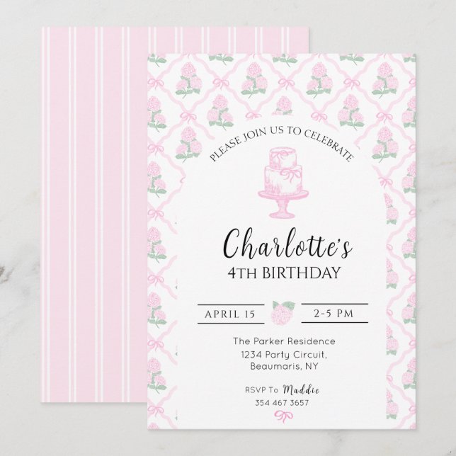 Pink & Green Hydrangea Trellis with Bows Invitation (Front/Back)