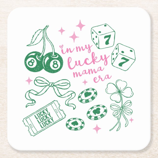 Pink & Green In My Lucky Mama Era St Patricks Day Square Paper Coaster (Front)