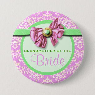 Pink green ivory damask bride 7.5 cm round badge
