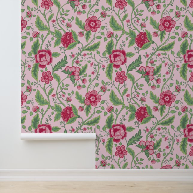 Pink & Green Jacobean  Floral Pattern Wallpaper (Application)
