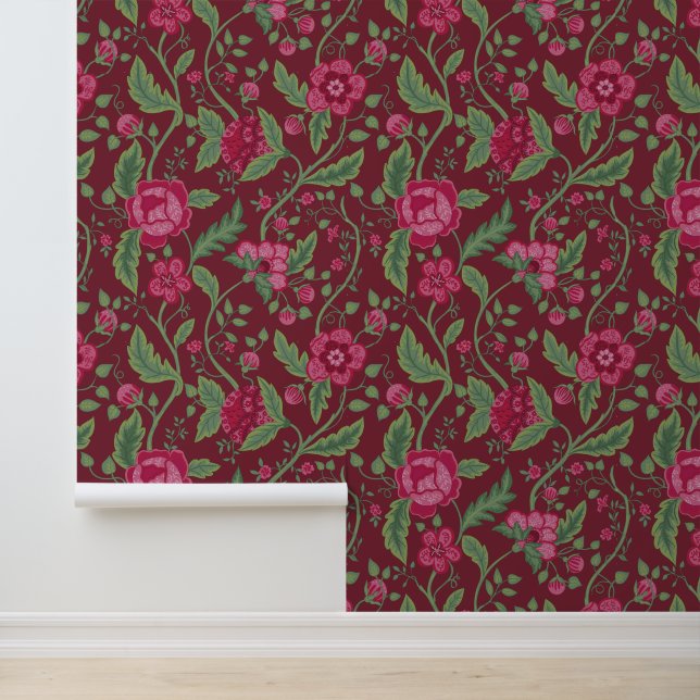 Pink & Green Jacobean  Floral Pattern Wallpaper (Application)