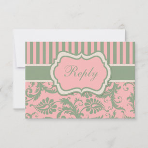 Pink, Green, Khaki Striped Damask Reply Card