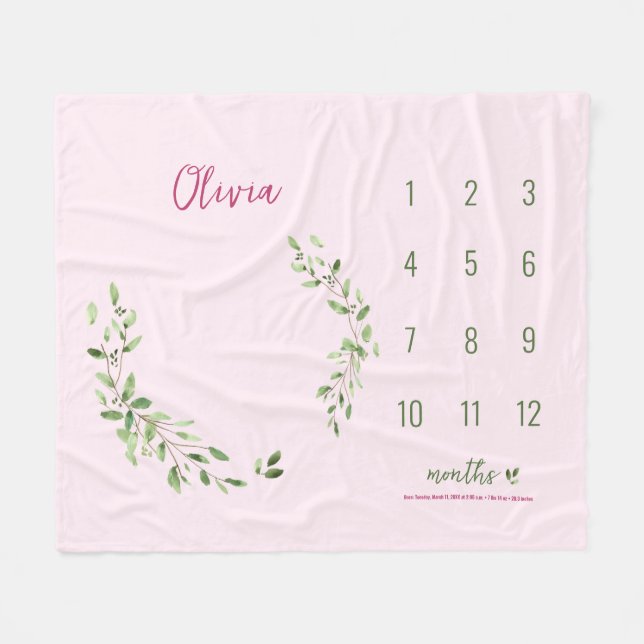 Pink Green Leaves Baby Girl Monthly Milestone  Fleece Blanket (Front (Horizontal))