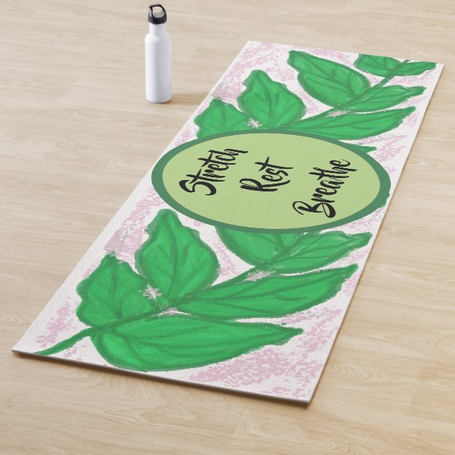 Pink Green Leaves Stretch Rest Breathe Yoga Mat (In Situ)