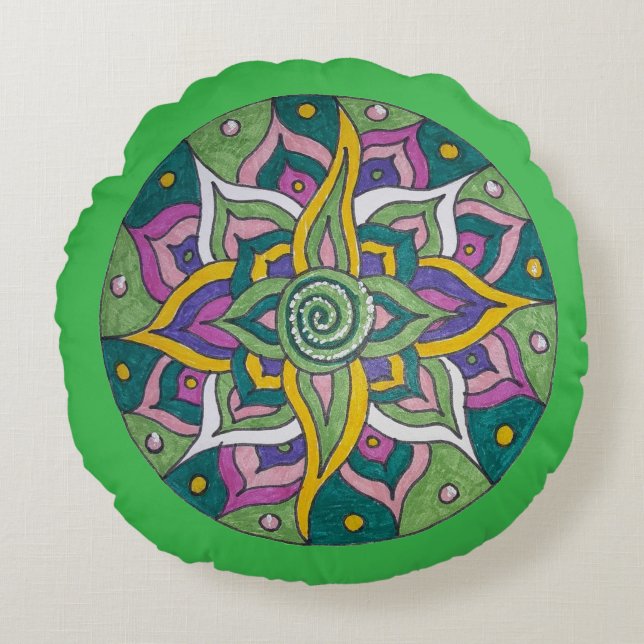 Pink/Green Lotus Mandala Round Throw Pillow (Front)