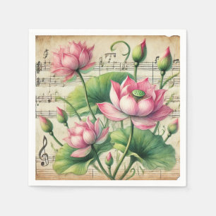 Pink & Green Lotus Vintage Sheet Music Découpage Napkin