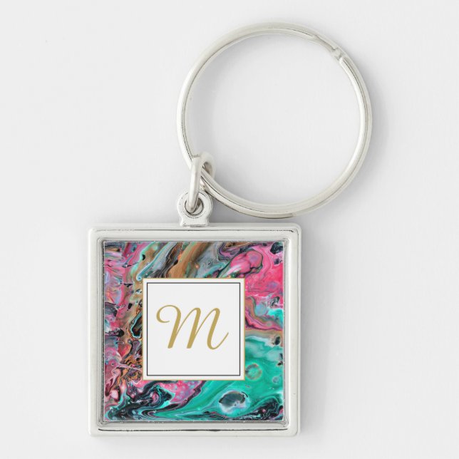 Pink & Green marble  monogram Key Ring (Front)