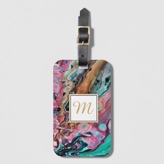 Pink & Green marble monogram Luggage Tag (Front Vertical)