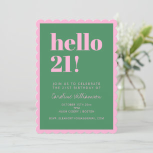 Pink Green Modern 21st Scalloped Birthday Party Invitation