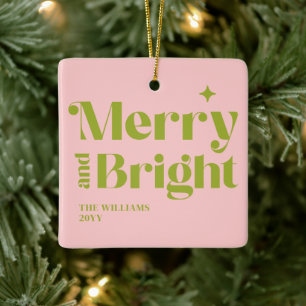 Pink Green Modern Christmas Merry Bright Ceramic Ornament
