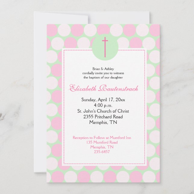 Pink / Green Modern Dot Baptism Invitation (Front)