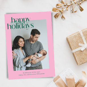 Pink Green Modern Stripe Photo Happy Christmas Holiday Card