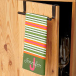 Pink Green Modern Stripe Stylish Initial Last Name Tea Towel<br><div class="desc">Chic Stripe Modern StylishPink Green Kitchen towel with Monogram Initial and Last Name. These unique kitchen towels are a perfect gift to celebrate a birthday, retirement, anniversary, housewarming party, wedding gift, etc…A fun way to celebrate any occasion. Pair it with a bottle of wine and it makes a great gift...</div>
