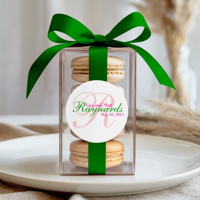 Pink Green Monogram Wedding Classic Round Sticker (Creator Uploaded)