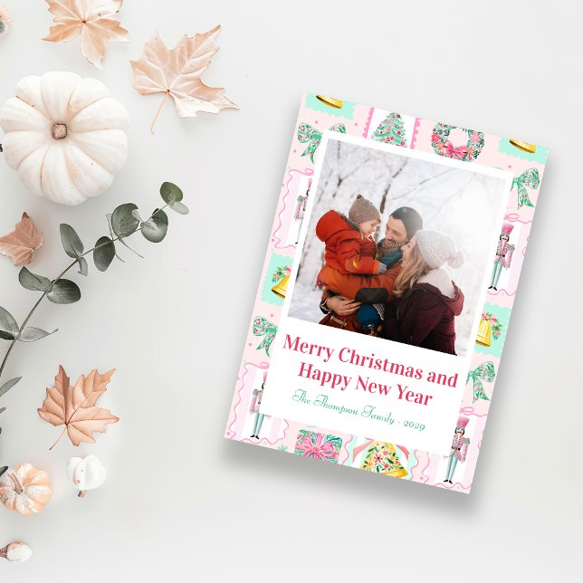 Pink & Green Nutcracker Custom Christmas Photo  Holiday Postcard (Pink & Green Nutcracker Custom Christmas Photo Holiday Postcard)