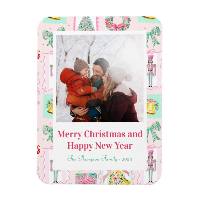Pink & Green Nutcracker Custom Christmas Photo  Magnet (Vertical)