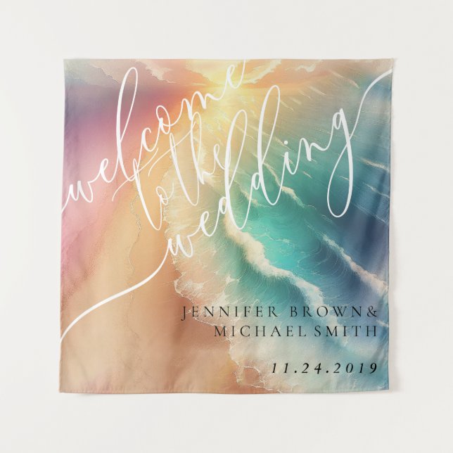 Pink Green Ocean Beach Hot Party Welcome Backdrop Tapestry (Front)